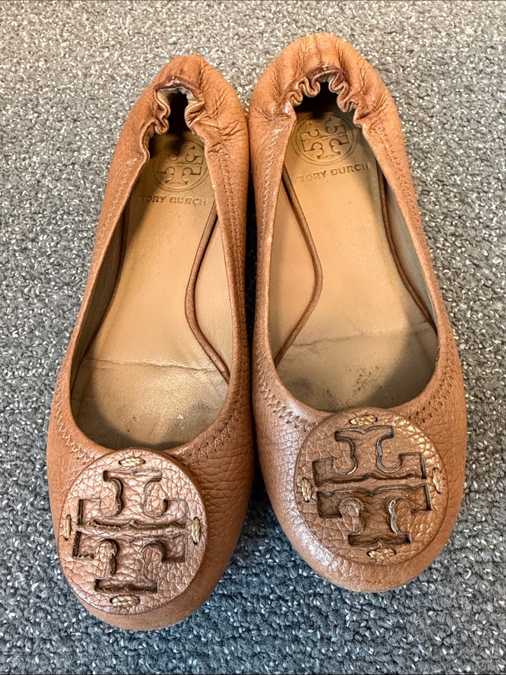 Tory Burch Cognac Leather Logo Ballet Flats